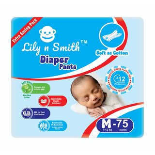 Lily n Smith Baby Diapers M Size (Medium) Pants Style  7-12 kg  75 Count - Pack of 1  Cotton Soft Baby Diaper with Le