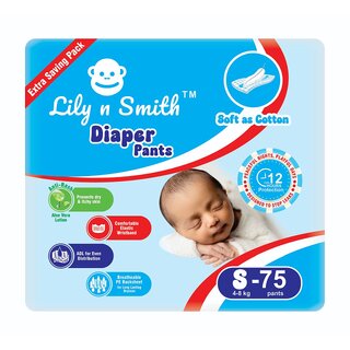 Lily n Smith Baby Diapers S Size (Small) Pants Style  4-8 kg  75 Count - Pack of 1  Cotton Soft Baby Diaper with Leak