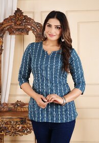 Women Striped Cotton Blend Straight Casual KurtI Top For Women's (Navy Blue)