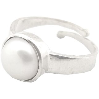 NATURAL PEARL (MOTI) STONE WITH SILVER PLATED ADJUSTABLE RING