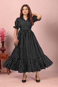 Fancy Flair Women Black Short Sleeve Polkadot Fit  Flare Dress