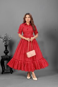 Fancy Flair Women Red Short Sleeve Polkadot Fit  Flare Dress