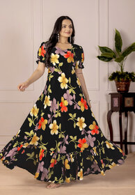 Fancy Flair Women Black Short Sleeve Printed Fit  Flare Dress