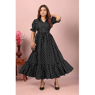 Fancy Flair Women Black Short Sleeve Polkadot Fit  Flare Dress