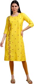 JADIIDA Beautiful Embroidery Women Printed Khadi Cotton A-line Kurta  (Yellow)