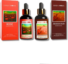 Lhasa Aroma Essential Oil Combo  Arabian Oud  Rose (100ml Each)  100 Pure  Natural Luxury Oils  Ideal for Diffuser