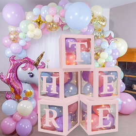 Balloon Box Three Pink  3 Transparent Balloon Boxes for 3rd Birthday Decoration