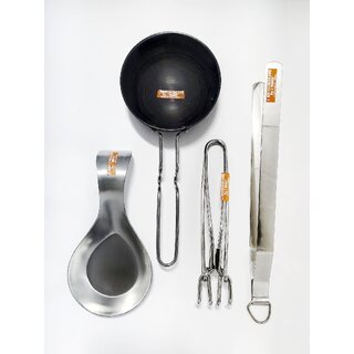 i WARE KkitchenCare Hard Anodised Tadka Pan/Spice Heating Pan (Black), Stainless Steel Wire Tong Pakkad/Utensil Holder,