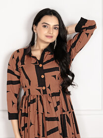 Fancy Flair Women Brown Three quarter Sleeves Printed Fit  Flare Dress