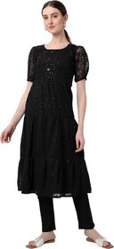 JADIIDA Beautiful Embroidery Women hakoba  Cotton A-line Kurta  (black)