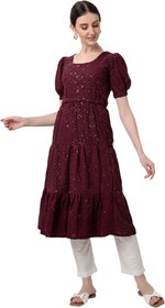 JADIIDA Beautiful Embroidery Women Hakoba Cotton A-line Kurta  (Maroon)