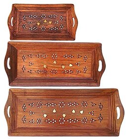Crafts Collection Store Wooden Coffee Tray Set of 3 Hand Carved Brass and Wooden Serving Tray (Tea Coffee Snacks Water) Decorative/Platter for Home/Kitchen/Table Decor Brown
