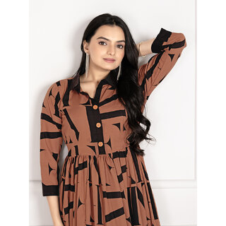 Fancy Flair Women Brown Three quarter Sleeves Printed Fit  Flare Dress