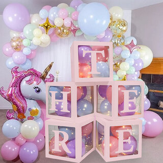 Bubble Balloon Box THREE  Pink  3rd Birthday Decoration Kit for Baby Girl  Pack of 5 Boxes
