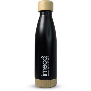 IMECO ECO STYLE Stainless Steel Water Bottle with Bamboo Base, 500 ml (Black)  BPA Free, Leak Proof, Travel Friendly
