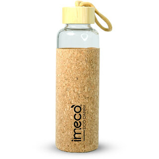 IMECO ECO CARRY Borosilicated Glass Water Bottle with Cork Sleeve Cover (500 ml)  Leak Proof, BPA Free, Travel Ready
