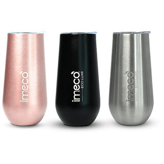 IMECO ECO LUXE Stainless Steel Wine Tumbler 300 ml (Set of 3 , Silver, Black, Rose Gold)  BPA Free, Leak Proof Travel