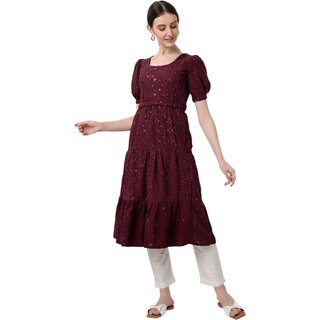 JADIIDA Beautiful Embroidery Women Hakoba Cotton A-line Kurta  (Maroon)