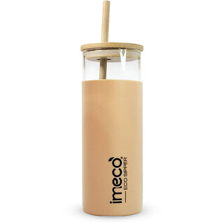 IMECO ECOSIPPER Glass Sipper with Bamboo Straw (450 ml, Peach) BPA-Free Leakproof and Eco Friendly,Stylish, Lightweight