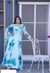 Fancy Flair Women Light Blue Long Sleeves Printed Fit & Flare Dress