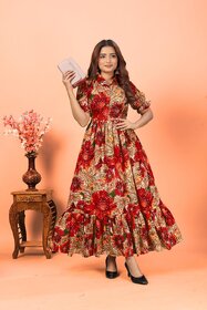 Fancy Flair Women Orange Short Sleeve Printed Fit & Flare Dress