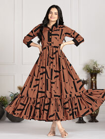 Fancy Flair Women Brown Three-Quarter Sleeves Printed Fit & Flare Dress  Stylish Casual Wear