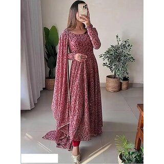 Fancy Flair Women Maroon Long Sleeves Printed Fit & Flare Dress