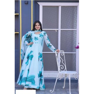 Fancy Flair Women Light Blue Long Sleeves Printed Fit & Flare Dress