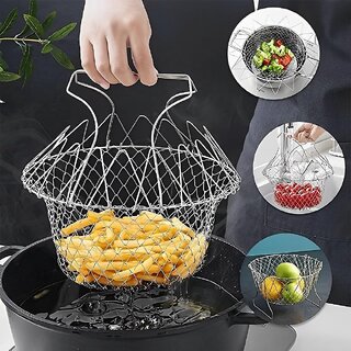 Foldable Food Deep Frying Basket for Kitchen Multifunctional Cooking Steam Rinse Deep Frying Stainless Steel Basket Strainer Net Fried Filter Drainage Rack for Fried Food or Fruits (Pack Of 1)