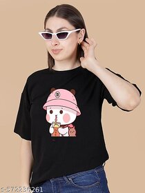 Wexam Style Women Black Printed Round Neck Short Sleeve Top