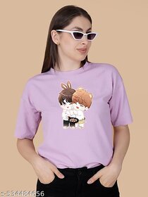 Wexam Style Women Lavender Printed Round Neck Short Sleeve Top