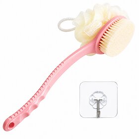 2-in-1 Exfoliating Back Scrubber  Bath Brush with Bristles & Loofah, Long Curved Handle for Easy Reach