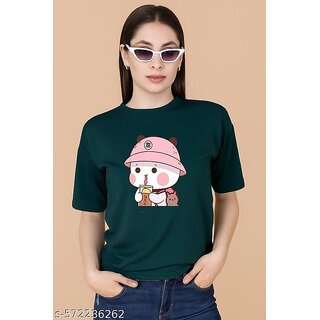 Wexam Style Women Green Printed Round Neck Short Sleeve Top