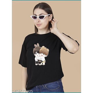 Wexam Style Women Black Printed Round Neck Short Sleeve Top