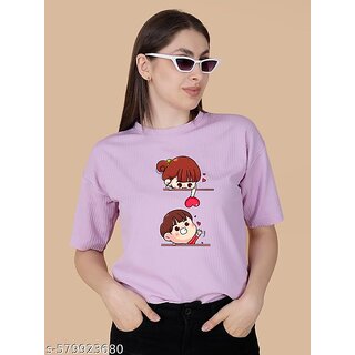 Wexam Style Women Lavender Printed Round Neck Short Sleeve Top