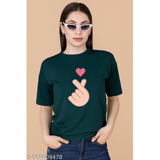 Wexam Style Women Green Printed Round Neck Short Sleeve Top