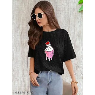 Wexam Style Women Black Printed Round Neck Short Sleeve Top