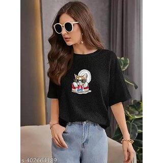 Wexam Style Women Black Printed Round Neck Short Sleeve Top