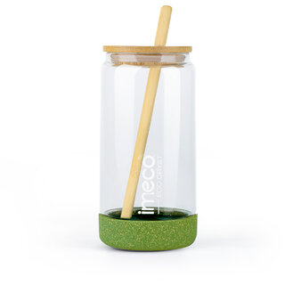 IMECO ECO CRYST Glass Sipper Bottle (500 ml, Light Green) Borosilicate Glass with Bamboo Lid and Straw, BPA-Free