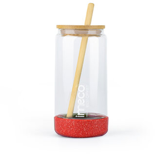 IMECO ECO CRYST Glass Sipper Bottle (500 ml, Red) Borosilicate Glass with Bamboo Lid and Straw, BPA-Free