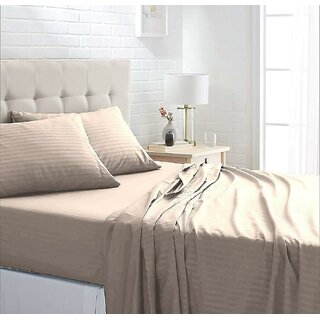 Queen Size Striped Elastic Fitted Bedsheet with Two Pillow Covers (Beige)