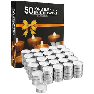 Tiny Shiny Pack of 50 Tealight Candles Pure Wax, Unscented, Long Burning Tealight, 9 Hours Burn time