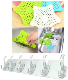 combo pack of 2pcs Silicone Star Shape Kitchen Sink Strainer Shower Drain Hair Catcher Plastic Wall Hanger Hooks for Han