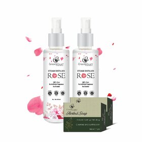 Greenblosum Rose water (100ml2) with 2 herbal soap free Cleanser for women and men pack of 2