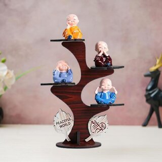 Tiny Shiny Decorative Set of 4 Adorable Buddha Monk Figurine with Stand for Peaceful Home Decor  Office Decor