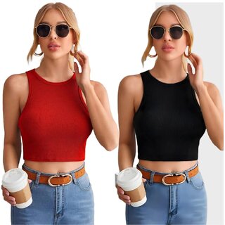 (Pack of 2) Stylish Summer Sleeveless Ribbed Cropped Top - Embrace Casual Chic Elegance for Trendsetters.