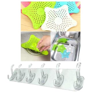 combo pack of 2pcs Silicone Star Shape Kitchen Sink Strainer Shower Drain Hair Catcher Plastic Wall Hanger Hooks for Han