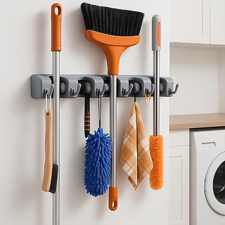Mop and Broom Holder Wall Mount  Heavy Duty Broom Stick Holder with 5 Slots  6 Hooks, Wall-Mounted Organizer Rack