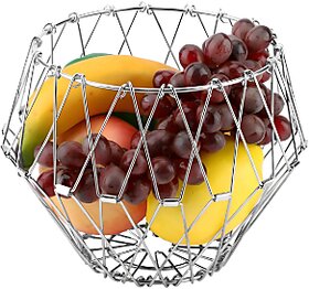Multipurpose Folding fruit Basket Stainless Steel Fruit  Vegetable Basket (Silver)