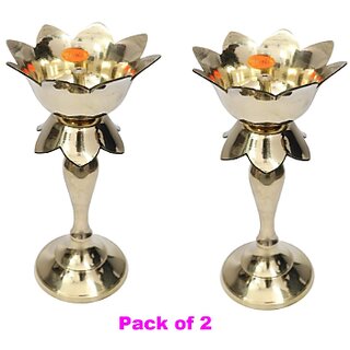 Brass Kamal Diya Stand Lotus Shape(Big Size 2 pcs), Brass (Pack of 2) Table Diya Set (Height 9.5 inch)